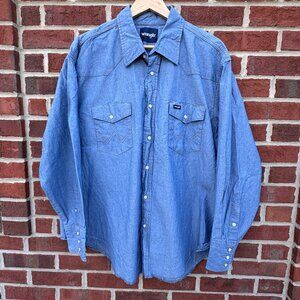VTG Wrangler Denim Pearl Snap Shirt Mens XXL Blue Flap Pockets Western Cowboy
